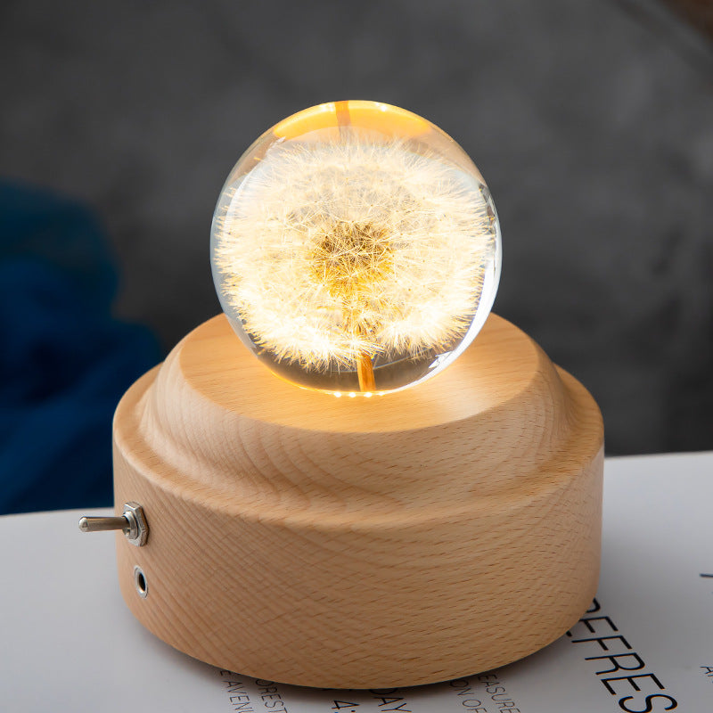LED Night Light Flower Crystal Ball Children Night Lamp With Woodern Base Bedroom Ambient Light Creative Gift Night Light