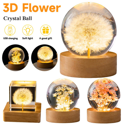LED Night Light Flower Crystal Ball Children Night Lamp With Woodern Base Bedroom Ambient Light Creative Gift Night Light
